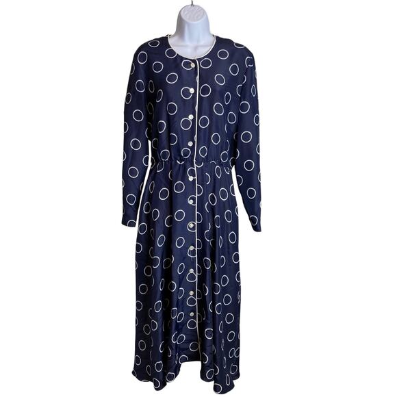 Vintage Kiva Women's Blue Circle Mod Print Midi Shirtdress Size 8 Secretary Prim - Picture 1 of 10